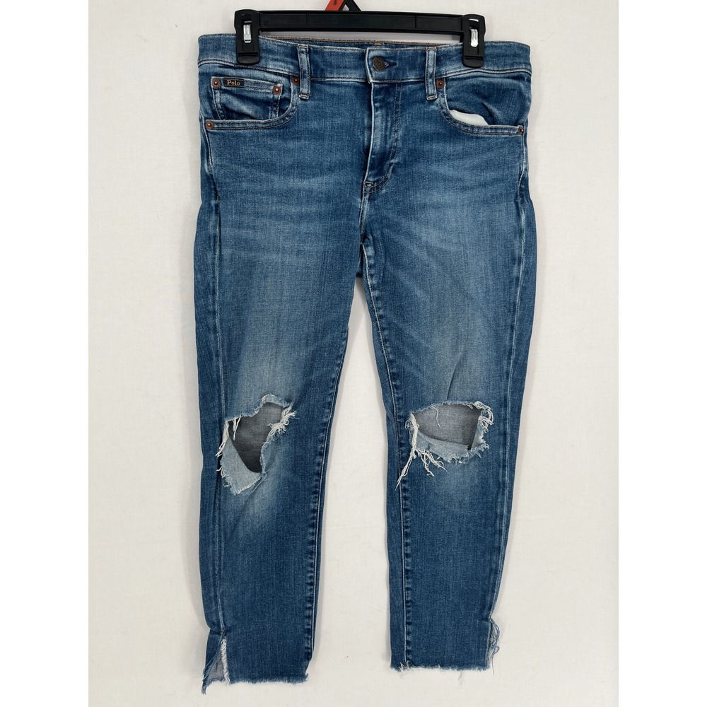 Polo Ralph Lauren Distressed Skinny Jeans Womens 29R Blue Ripped Raw Hem Denim
